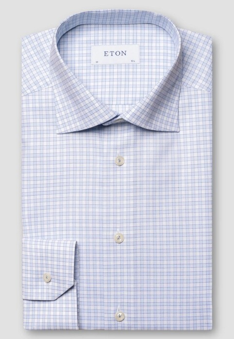 Eton Organic Cotton Signature Twill Classic Check Shirt Light Blue