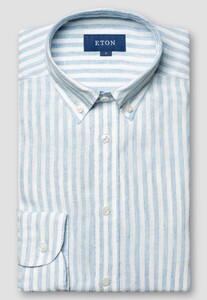 Eton Organic Linnen Wide Stripe Pattern Button Down Overhemd Licht Blauw