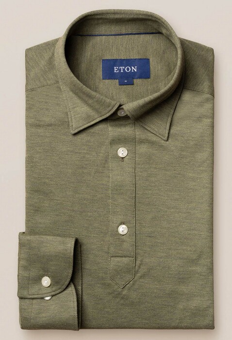 Eton Piqué Long Sleeve Button Under Polo Shirt Poloshirt Olive
