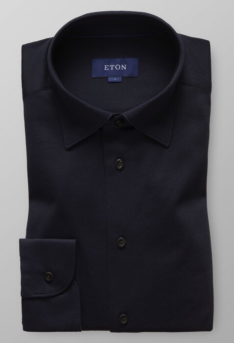 Eton Piqué Long Sleeve Poloshirt Overhemd Donker Blauw Melange