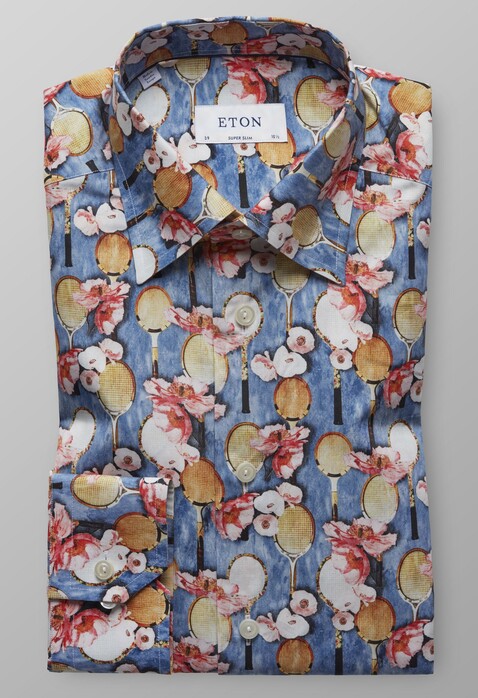 Eton Poplin Flower Tennis Fantasy Shirt Deep Blue Melange