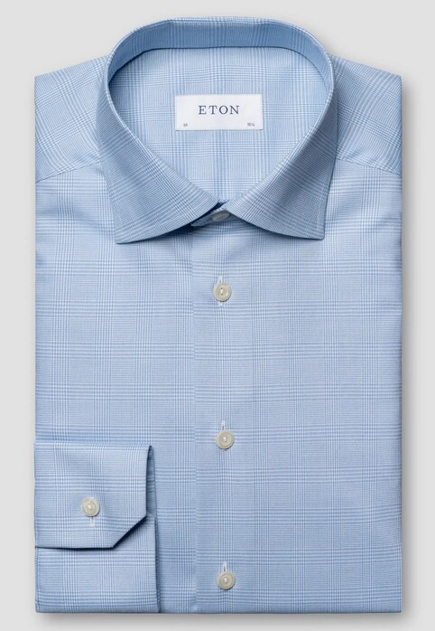 Eton Prince of Wales Check Cotton Tencel Overhemd Licht Blauw