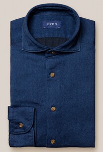 Eton Satin Indigo Uni Garment Washed Shirt Dark Evening Blue