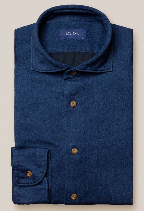 Eton Satin Indigo Uni Garment Washed Shirt Dark Evening Blue