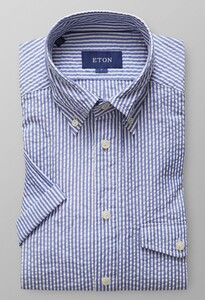 Eton Seersucker Short Sleeve Popover Popover Shirt Dark Evening Blue