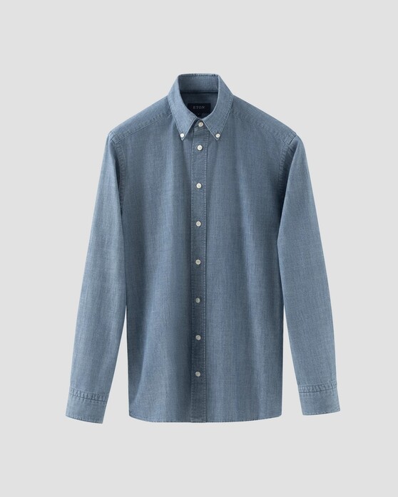 Eton Semi-Solid Chambray Denim Button-Down Collar Overhemd Dark Denim Blue