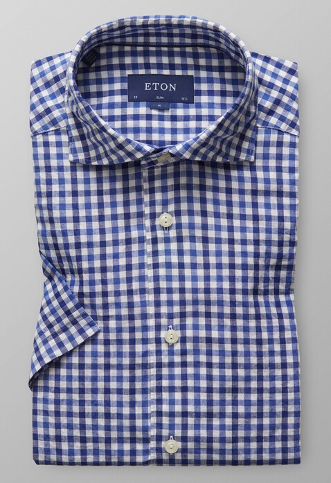 Eton Short Sleeve Check Shirt Deep Blue Melange