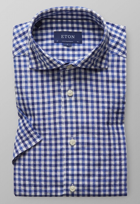 Eton Short Sleeve Gingham Check Overhemd Diep Blauw