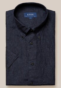 Eton Short Sleeve Lighweight Albini Subtle Textured Linnen Overhemd Dark Navy