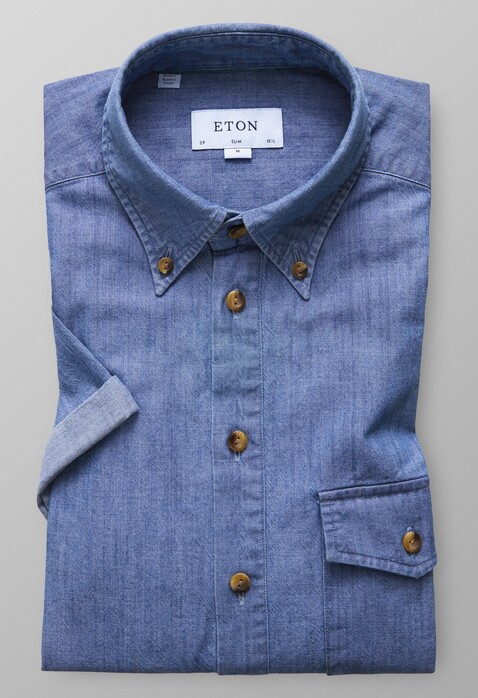 Eton Short Sleeve Popover Shirt Overhemd Licht Blauw Melange