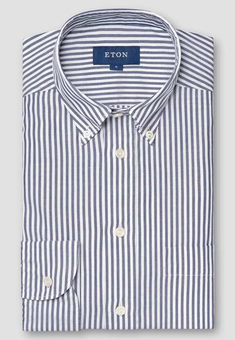 Eton Signature Oxford Cotton Stripe Button Down Overhemd Donker Blauw