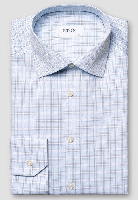 Eton Signature Twill Allover Fine Check Pattern Shirt Light Blue