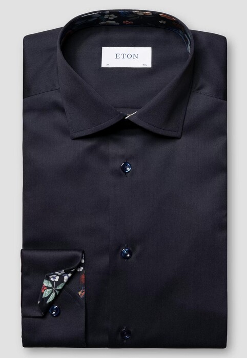 Eton Signature Twill Floral Contrast Details Organic Cotton Shirt Navy