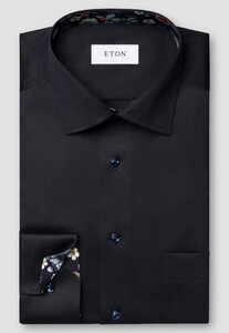 Eton Signature Twill Uni Floral Contrast Details Overhemd Navy