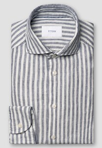Eton Soft Touch Garment Washed Linen Twill Classic Stripe Shirt Dark Evening Blue