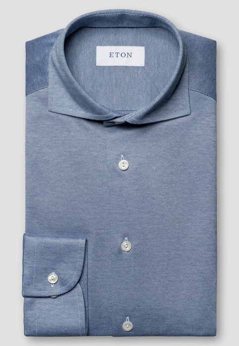 Eton Solid Filo di Scozia Cotton Piqué Melange Effect Shirt Blue