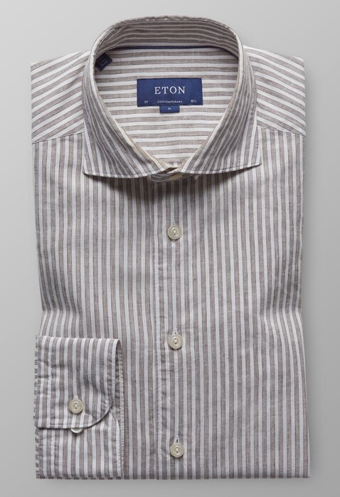 Eton Striped Cotton Linen Overhemd Diep Bruin