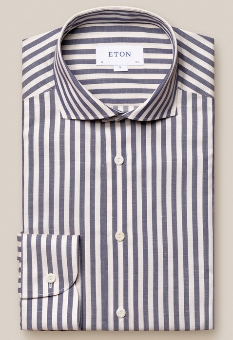 Eton Striped Cotton Linen Shirt Navy