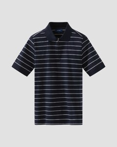 Eton Striped Knitted Filo di Scozia Cotton Jacquard Polo Navy