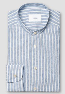 Eton Striped Soft Touch Linen Band Collar Shirt Light Blue