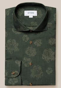 Eton Subtle Floral Pattern Fine Flanel Horn Effect Buttons Overhemd Donker Groen
