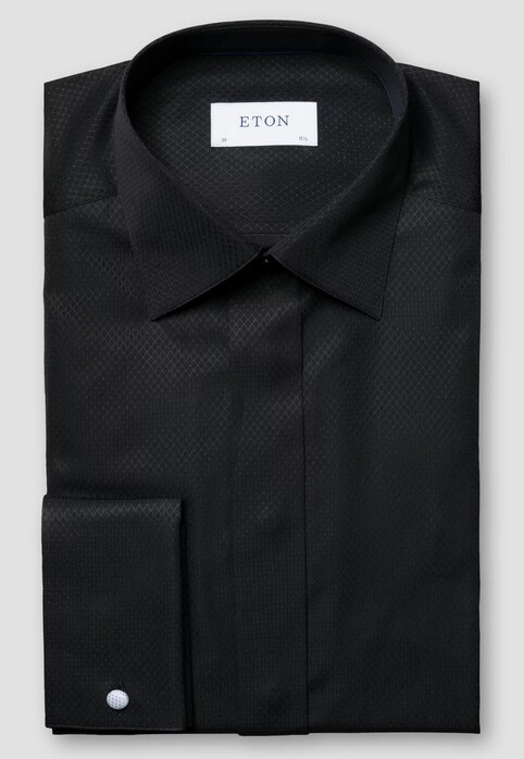 Eton Subtle Rich Diamond Shape Weave Hidden Button Fly Front Shirt Black