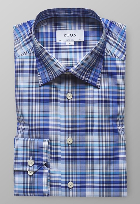 Eton Super Slim Fine Twill Check Overhemd Diep Blauw