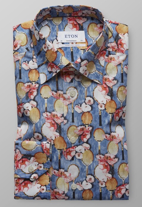 Eton Tennis Racket Floral Sleeve 7 Overhemd Diep Blauw