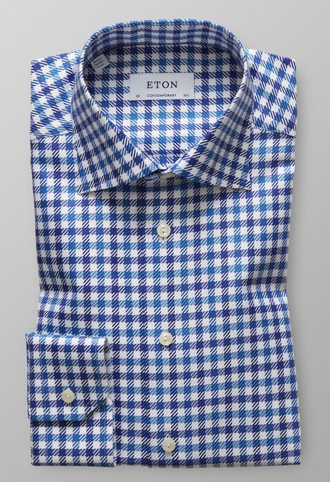 Eton Textured Twill Check Overhemd Donker Blauw