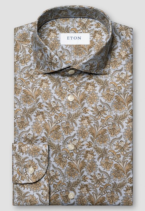 Eton Twill Allover Floral Pattern Fantasy Paisley Overhemd Bruin-Blauw