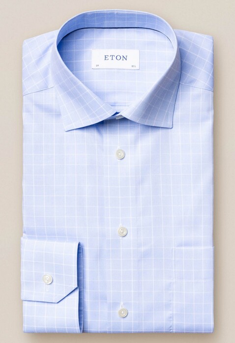Eton Twill Check Shirt Light Blue