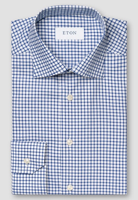 Eton Twill Stretch Allover Check Shirt Blue