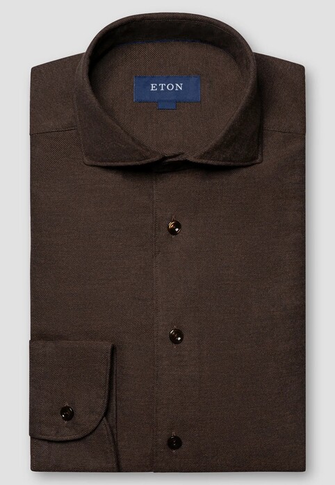 Eton Uni Color Classic Brushed Cotton Luxury Flannel Shirt Dark Brown Melange