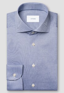 Eton Uni Color Merceized Filo di Scozia Jersey Jacquard Knit Overhemd Blauw