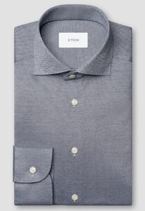 Eton Uni Color Merceized Filo di Scozia Jersey Jacquard Knit Overhemd Donker Blauw
