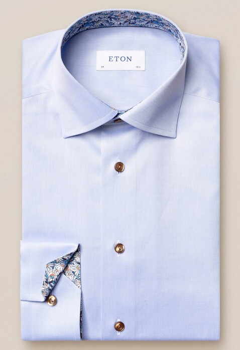 Eton Uni Signature Twill Floral Contrast Pattern Overhemd Licht Blauw