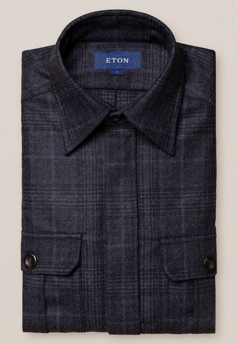 Eton Wool Cashmere Flanel Geruit Overshirt Navy