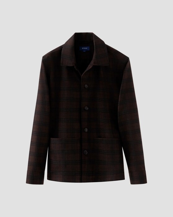 Eton Wool Cashmere Twill Check Overshirt Dark Brown Melange