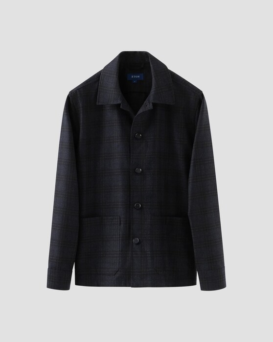 Eton Wool Cashmere Twill Check Overshirt Navy