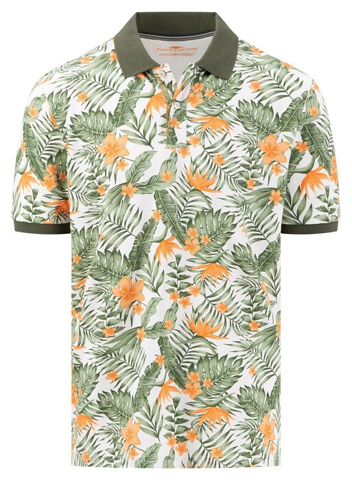 Fynch-Hatton Allover Leaves Pattern Polo Wit-Groen-Oranje