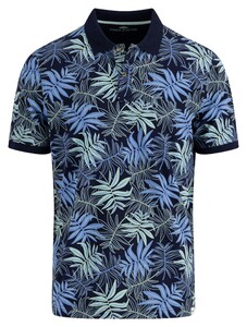 Fynch-Hatton Allover Leaves Pattern Slub Cotton Polo Navy-Blauw