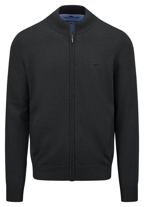 Fynch-Hatton Cardigan Stand-Up Zip Collar Superfine 3-Ply Cotton Black