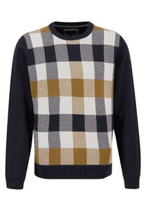 Fynch-Hatton Cotton Wool Blend O-Neck Check Pullover Navy