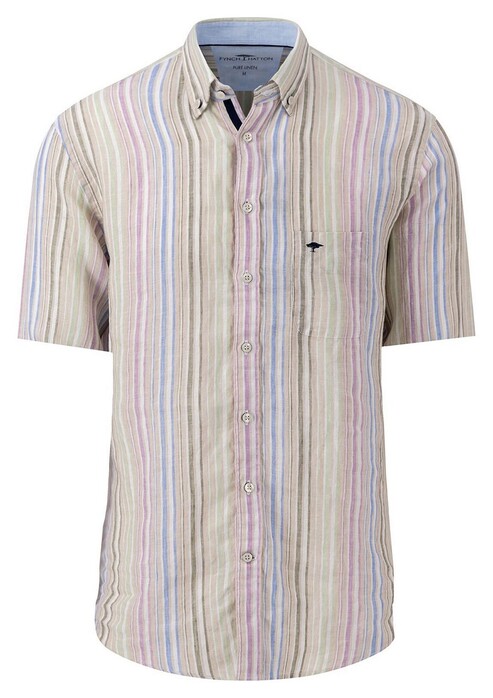 Fynch-Hatton Fine Multi Stripes Linnen Button Down Overhemd Soft Green