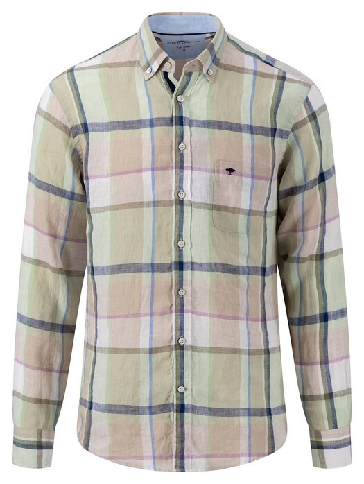 Fynch-Hatton Large Check Linen Button Down Shirt Soft Green
