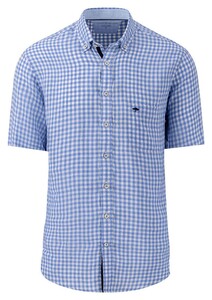 Fynch-Hatton Linen Check Short Sleeve Button Down Shirt Crystal Blue