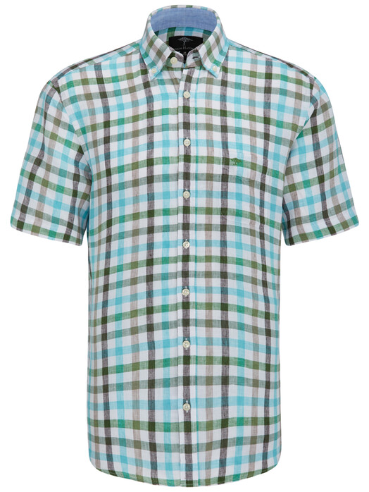Fynch-Hatton Linen Combi Check Overhemd Turquoise-Taupe