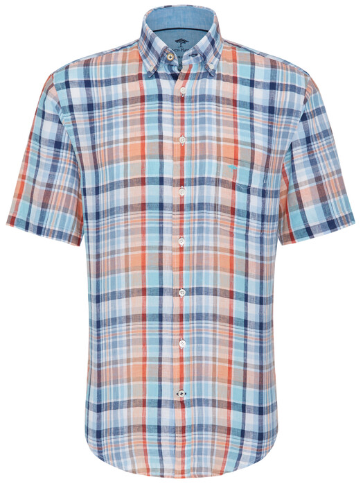 Fynch-Hatton Linen Combi Check Shirt Turquoise-Apricot