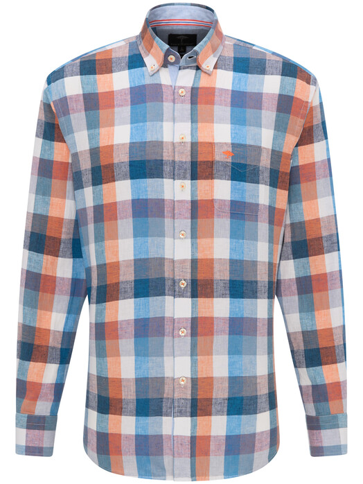Fynch-Hatton Linen Cotton Blend Check Shirt Mandarin-Blue