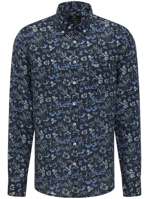 Fynch-Hatton Linen Flowers Button Down Shirt Ultramarin